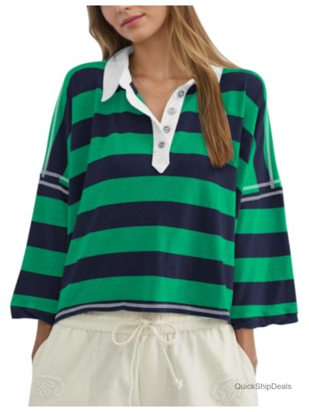Oversized Rugby Shirt 3/4 Sleeve Striped Polo Tee Cotton Spandex